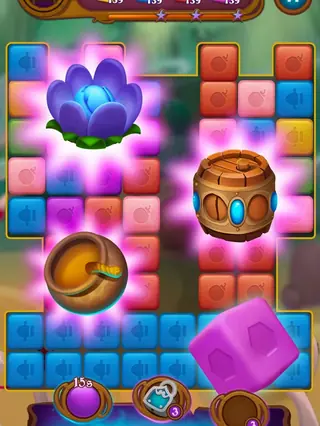 Candy Legend: Blockfeld mit Blüte und Fass als Zielobjekt